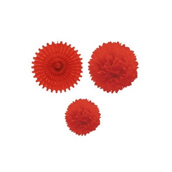 Set 1 Abanico 2 Pompones Rojo