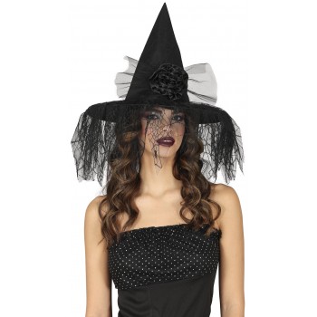 SOMBRERO BRUJA C/VELO+FLOR
