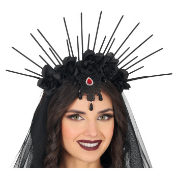 DIADEMA FLORES+VELO+PICOS NEGR