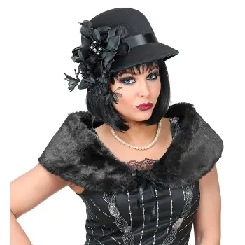 SOMBRERO AÑOS 20 C/FLOR NEGRO