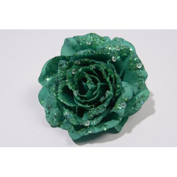ROSA VERDE GLITTER.14CM C/CLIP