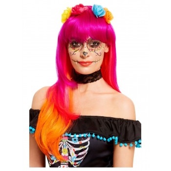 Peluca Catrina Rosa/Naran Flor